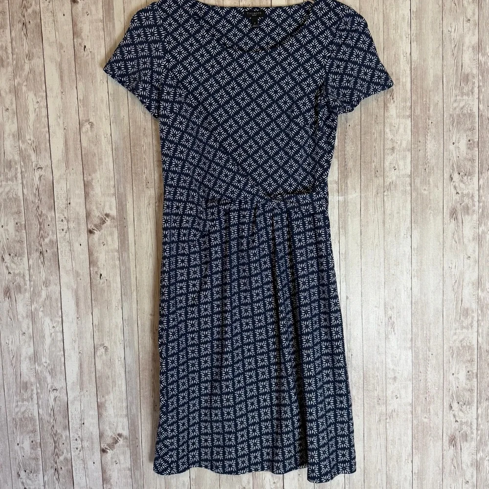 Talbots Navy Blue White Knit Jersey Draped Sheath Dress Size Petite Small - Picture 2 of 9